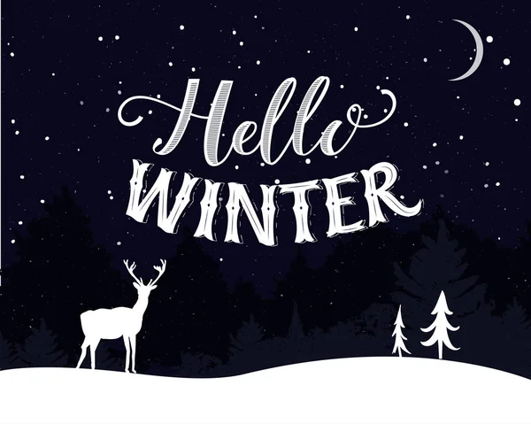 Hallo Winter Vintage Ansichtkaart Ontwerp Nachtlandschap Met Vallende Sneeuw Bomen — Stockvector