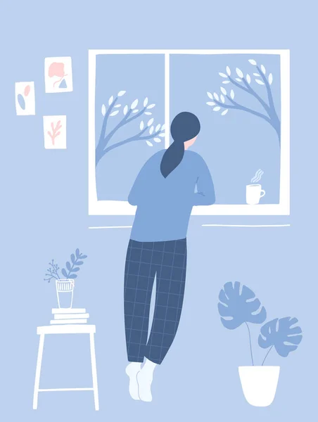 女人看着窗外 舒适的房间 室内有抽象的墙体艺术 凳子上的花和盆栽中的海葵 蓝色平面矢量插图 — 图库矢量图片