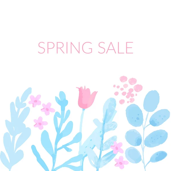 Wiosenny Baner Sprzedaży Prostymi Akwarelowymi Kwiatami Liśćmi Delikatne Pastelowe Różowo — Wektor stockowy