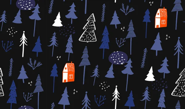Μπλε Χειμωνιάτικο Μοτίβο Μικρό Κόκκινο Σπίτι Και Δάσος Χέρι Ζωγραφισμένο — Διανυσματικό Αρχείο