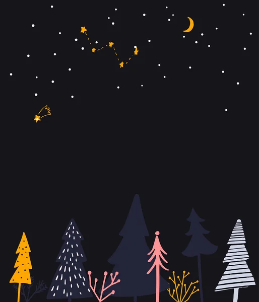 冬の不思議の国のイラスト 夜の森 挨拶テキストと季節のイベント招待状のための場所 — ストックベクタ