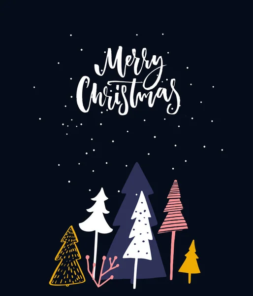 圣诞快乐贺卡 蓝色图案 有冬夜森林 圣诞树和手写的书法铭文 — 图库矢量图片