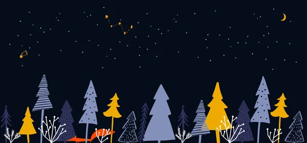 冬の森のイラストと水平バナー クリスマスツリー トウヒ 夜の風景でオレンジ色のキツネ パノラマの冬の背景 — ストックベクタ