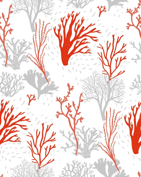 Coral Reef Seaweed Pattern Seamless Texture Drawings Underwater Life Red — Stock Vector