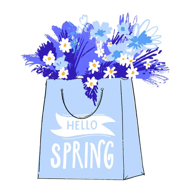 手のレタリングと紙袋に野生の花の花束こんにちは春 カモミールの束と異なる青の葉と花 — ストックベクタ