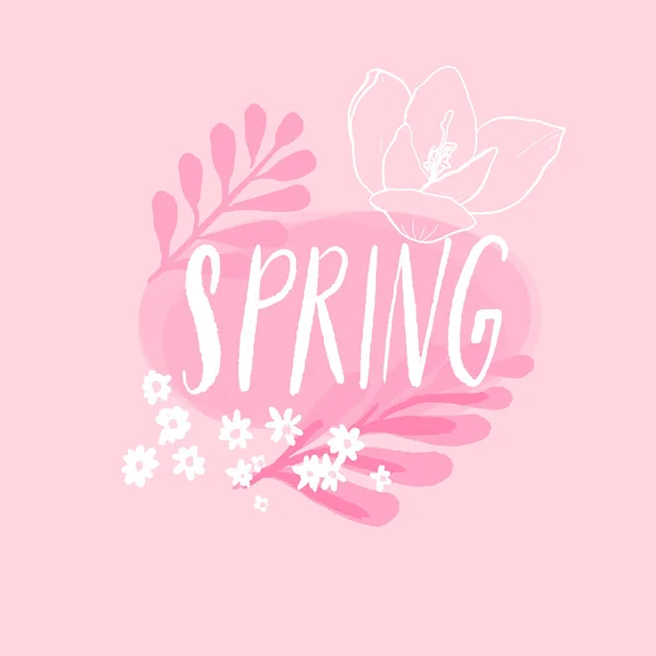 Spring Handwritten Word Decorated Pastel Pink Flowers Branches Line Sketch — Stock Vector