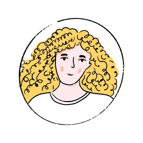 Νεαρή Ξανθιά Γυναίκα Μακριά Σγουρά Μαλλιά Λευκό Μπλουζάκι Doodle Διανυσματικό — Διανυσματικό Αρχείο