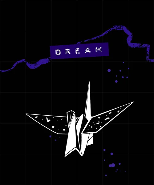 Плакат Мечты Тисненым Текстом Иллюстрацией Японского Журавля Оригами Черном Фоне — стоковый вектор