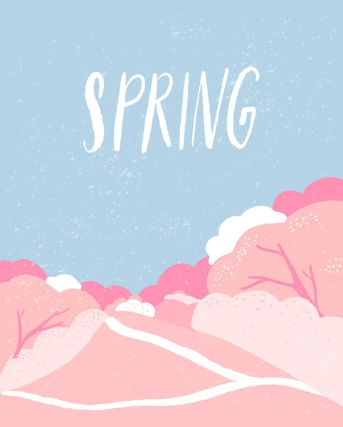 Frühling Park Mit Kirschblütenbäumen Mit Frühling Handgeschriebenen Wort Nette Saisonale — Stockvektor
