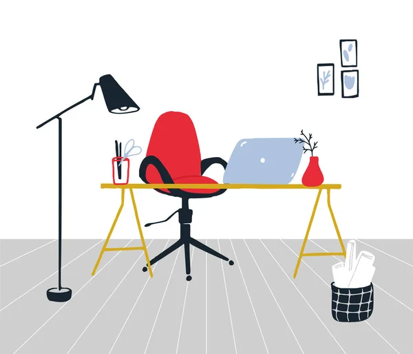 Arbeit Von Hause Aus Organisierter Arbeitsplatz Mit Rotem Drehstuhl Schreibtisch — Stockvektor