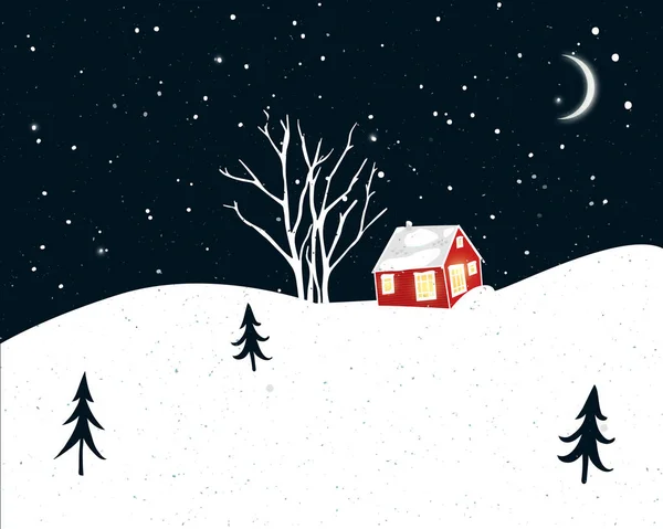 Ночная Зимняя Сцена Маленьким Красным Домом Силуэтами Деревьев Падающим Снегом — стоковый вектор