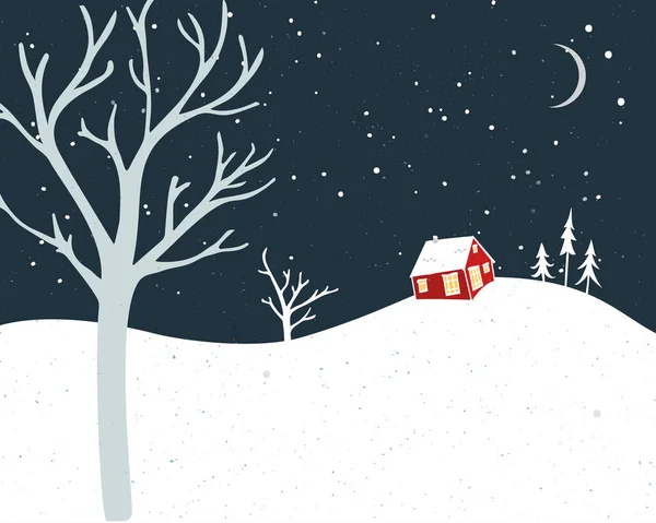 小さな赤い家と雪が降る 木のシルエットで冬のカードデザイン — ストックベクタ