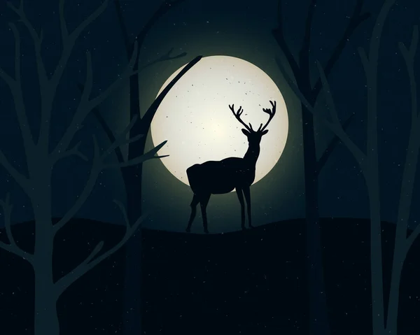 Silhouette Standing Deer Trees Night Landscape Large Full Moon Mystic — Stock Vector