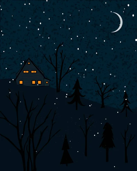 Зимний Пейзаж Домиком Лесу Ночная Сцена Падающим Снегом Одинокими Деревьями — стоковый вектор