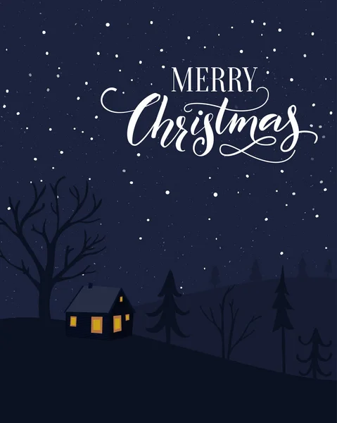 Feliz Tarjeta Felicitación Navidad Con Una Pequeña Casa Bosque Paisaje — Vector de stock