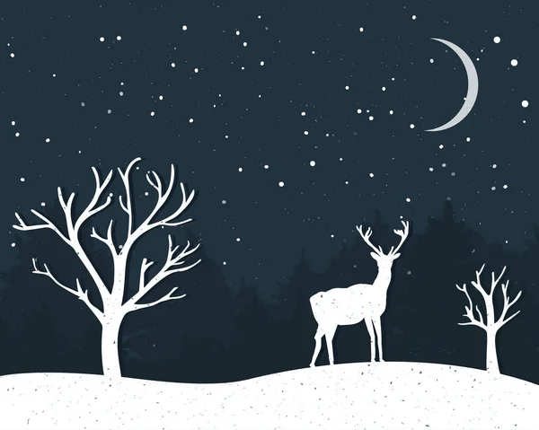 Vinterkort Med Stående Renar Och Nakna Trädsiluetter Papercut Julkort Design — Stock vektor