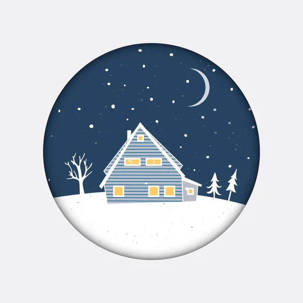 Small Blue House Night Scenery Snow Trees Silhouettes Christmas Card — Stock Vector