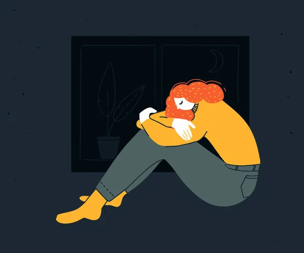 悲伤的年轻女子在夜里坐在那里抱着膝盖 抑郁症例 失眠障碍 家里穿着黄色衬衫的红头发姑娘很不高兴 — 图库矢量图片