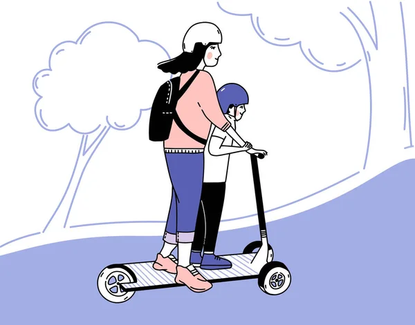 妈妈和孩子一起骑摩托车 三轮电动车 生态友好通勤学校或幼儿园 快乐的父母和孩子在公园共乘交通工具 头戴头盔的流动车辆的安全旅程 — 图库矢量图片