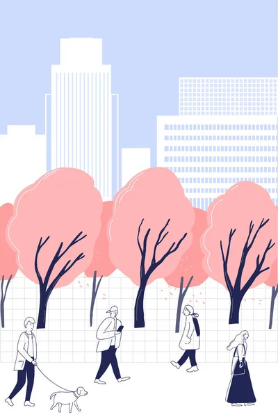 Spring Time City Pink Cherry Blossom Trees Walking People Citizens — Stock Vector