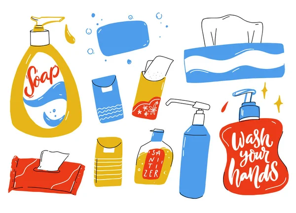 个人卫生设备 装有喷雾器 湿巾和纸巾盒的液体肥皂瓶 卫生用品的卡通画 蓝色和红色绘图 — 图库矢量图片