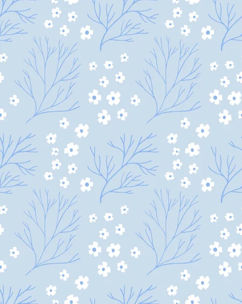 Blauw Nordic Patroon Met Witte Bloemen Takken Delicate Textuur Voor — Stockvector