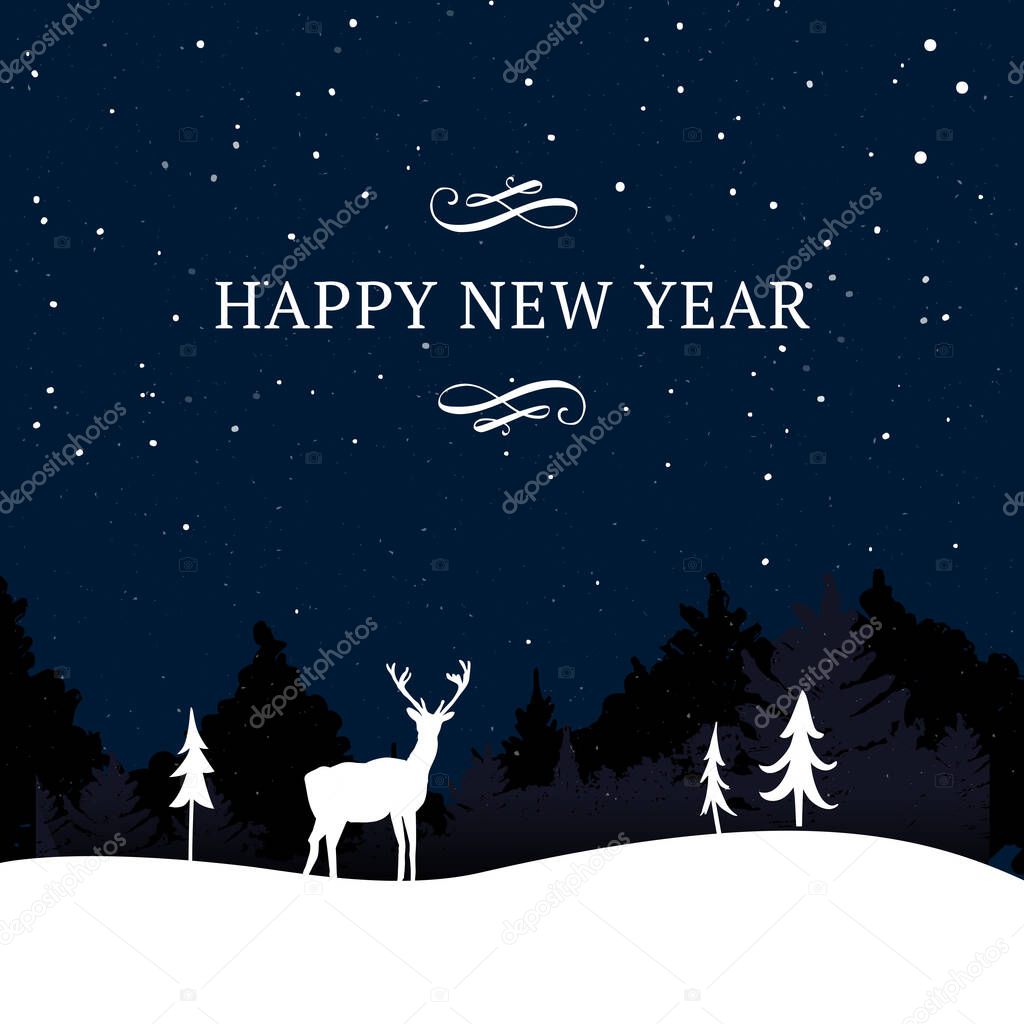 Happy new year, winter holidays greeting card. Night scene, snow landscape with trees and deer