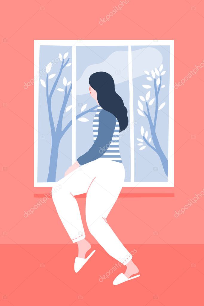 Young woman at home looking out window, sitting on sill in pink room. Spring landscape outside, blue sky with clouds and trees. Self isolation concept illustration