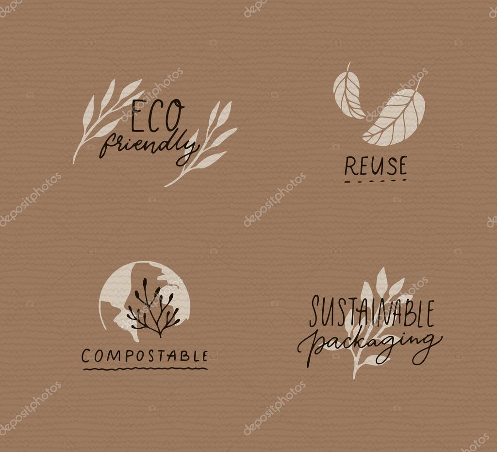 Sustainable package badges and stamps design on craft paper. Minimalism eco labels, compostable sign