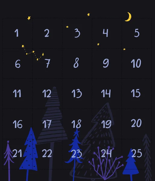 Calendrier Avent Noël Avec Des Numéros Dessinés Main Illustration Forêt — Image vectorielle