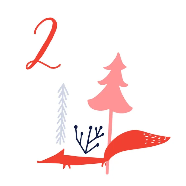 没有日历 第2天 漂亮的手绘图解 白色背景上的大字手写数字 圣诞卡的设计 树木和云杉中的橙色狐狸 — 图库矢量图片