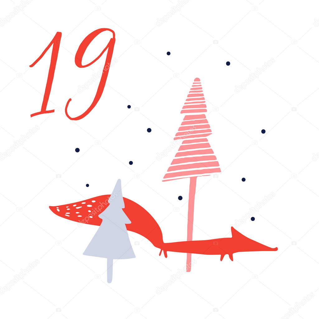 Advent calendar, day 19. Cute hand drawn illustration, large handwritten number on white background. Christmas card design. Hiding red fox at winter forest with trees and falling snow.