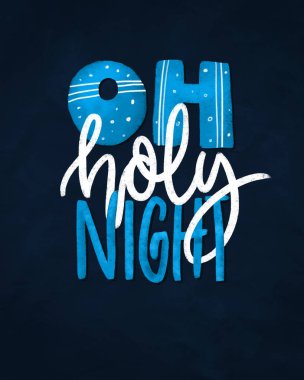 Kutsal gece posteri. Dokusu olan bir Noel tipografisi. Mavi arkaplanda el yazısı.