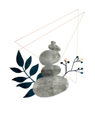 Suluboya taşlar piramit ve el yapımı yapraklar geometri üçgeni elementleri ile dal ve dal. Güzellik ve kaplıca salonları için soyut tasarım, farkındalık ve meditasyon konsepti.