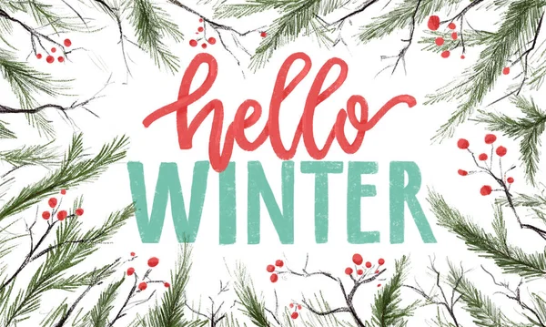 Olá Inverno Cartões Saudação Ano Novo Banners Caligrafia Escova Sobre — Fotografia de Stock