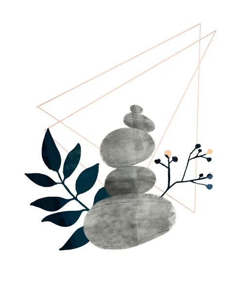 Watercolor stones pyramide and hand drawn leaves branch and twig with geometry triangle elements. Abstract design for beauty and spa salons, minfulness and meditation concept.