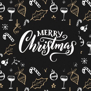 Süslemeli mutlu noel kartları. Beyaz ve altın karalamalı koyu renk tasarım