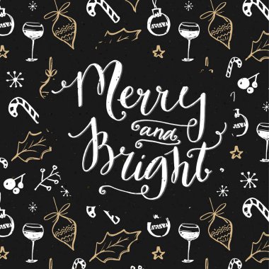 Noel süslemeleri üzerine neşeli ve parlak bir metin. Beyaz ve altın karalamalı koyu renk tasarım