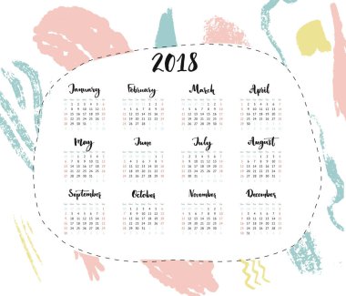 Bir sayfa takvimi 2018 ve kaligrafi ayları yazılı. Hafta pazar günü başlıyor. Soyut pastel boya darbeleriyle basit minimalist şablon. Vektör tasarımı
