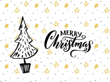 El çizimi ağaç ve el yazısı başlıklı mutlu noel kartı tasarımları. Sarı yıldızlı beyaz arkaplan ve siyah metin
