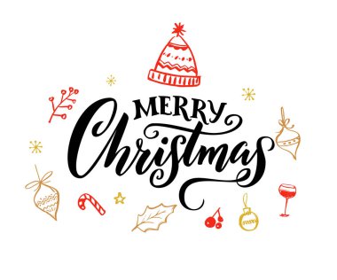 Kaligrafi hileli zarif Mutlu Noeller metni. Kışlık şapka ve dekorasyonların güzel çizimleri. Kırmızı elementler ve siyah başlıklı beyaz arkaplan