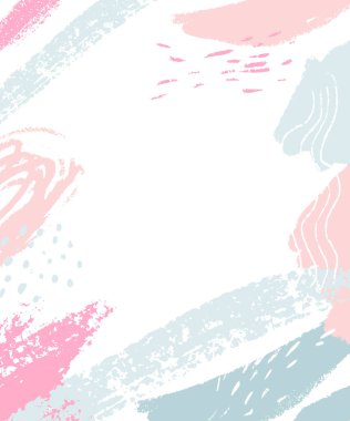 Beyaz arka plan, pembe ve mavi soyut lekeler ve fırça darbeleriyle. Metin için boş alanı olan dikey çerçeve