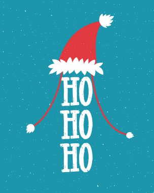 Noel Baba 'nın şapkası ve gülüşüyle komik bir Noel çizimi. Mavi arkaplanda el yazısı