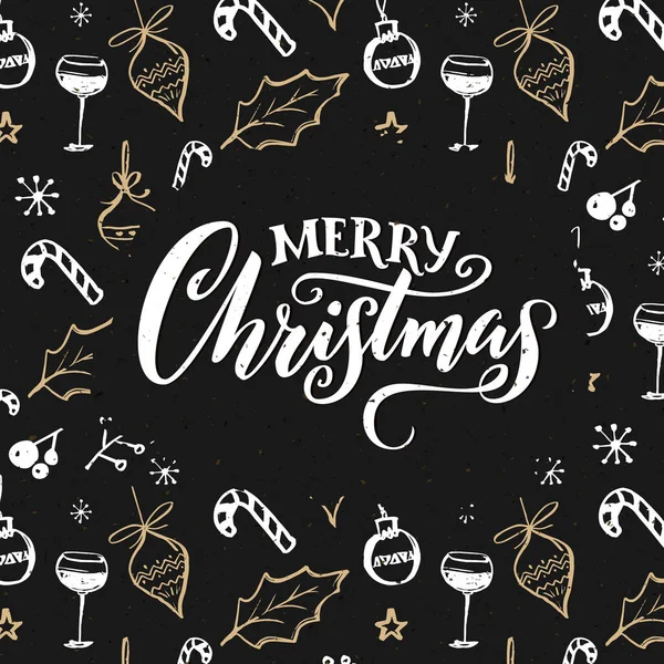 Süslemeli mutlu noel kartları. Beyaz ve altın karalamalı koyu renk tasarım