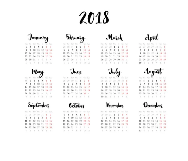 Kaligrafi aylarıyla 2018 sayfalık bir takvim. Hafta pazartesiden itibaren başlıyor. Basit ve temiz bir şablon. Vektör tasarımı