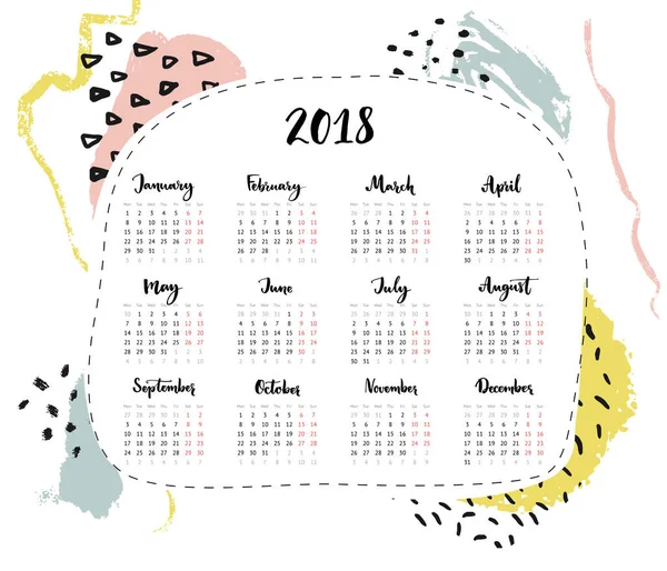 Een Pagina 2018 Kalender Kolommen Met Kalligrafie Geschreven Maand Namen — Stockvector
