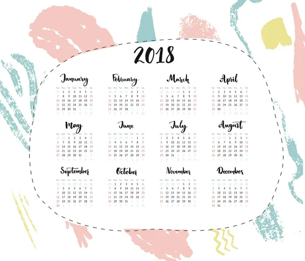 Bir sayfa takvimi 2018 ve kaligrafi ayları yazılı. Hafta pazar günü başlıyor. Soyut pastel boya darbeleriyle basit minimalist şablon. Vektör tasarımı
