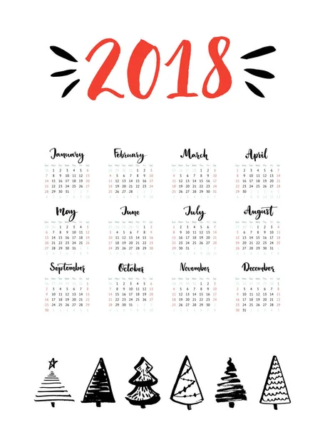Calendrier Une Page 2018 Avec Mois Calligraphie Semaine Commence Dimanche — Image vectorielle