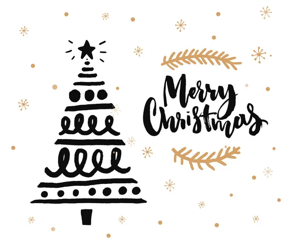 Vánoční Přání Design Kaligrafií Štětce Ručně Kreslené Zdobené Vánoční Stromeček — Stockový vektor