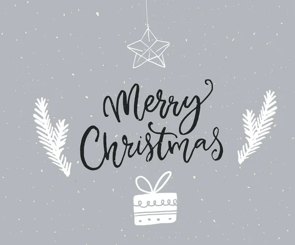 Vrolijk Kerstfeest Eenvoudige Wenskaart Met Tekeningen Van Kerstboom Takken Geschenkdoos — Stockvector